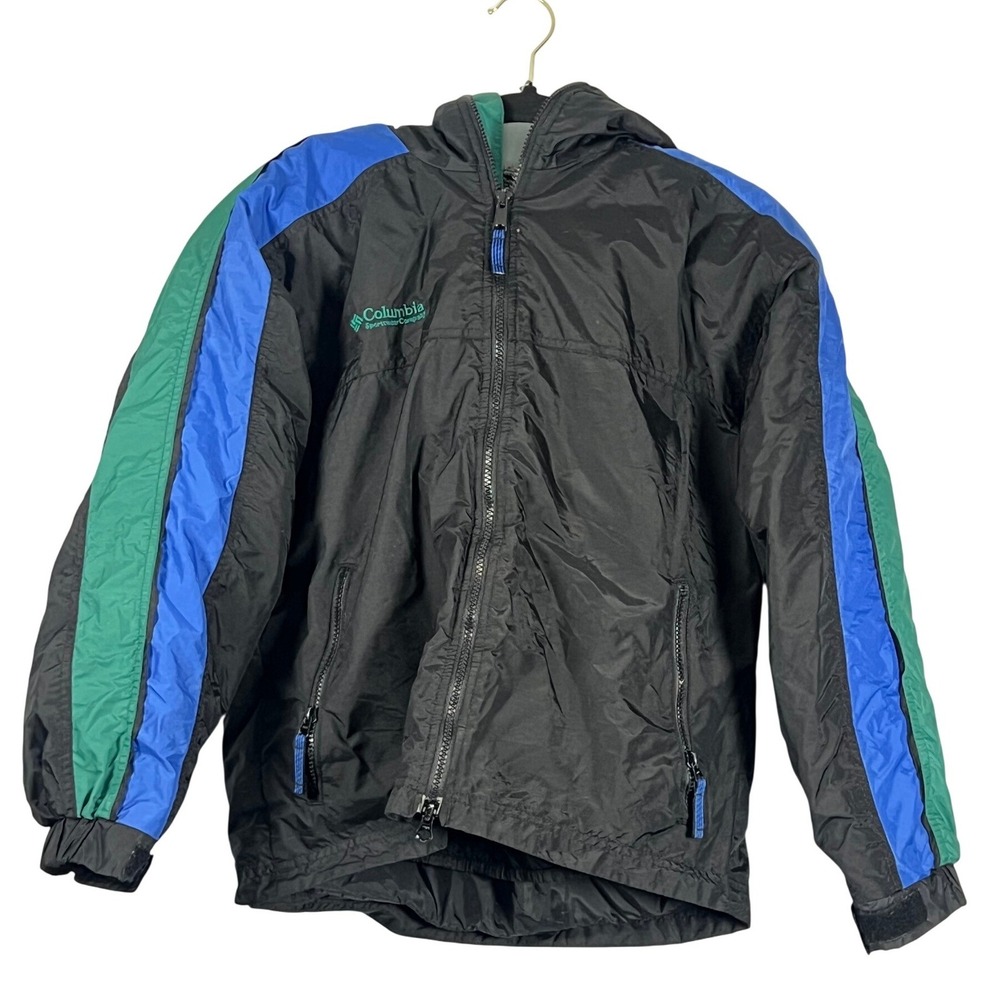 Columbia Vintage Kids Black Blue Fleece Lined Wind Proof Winter Coat‎ Boys 14/16